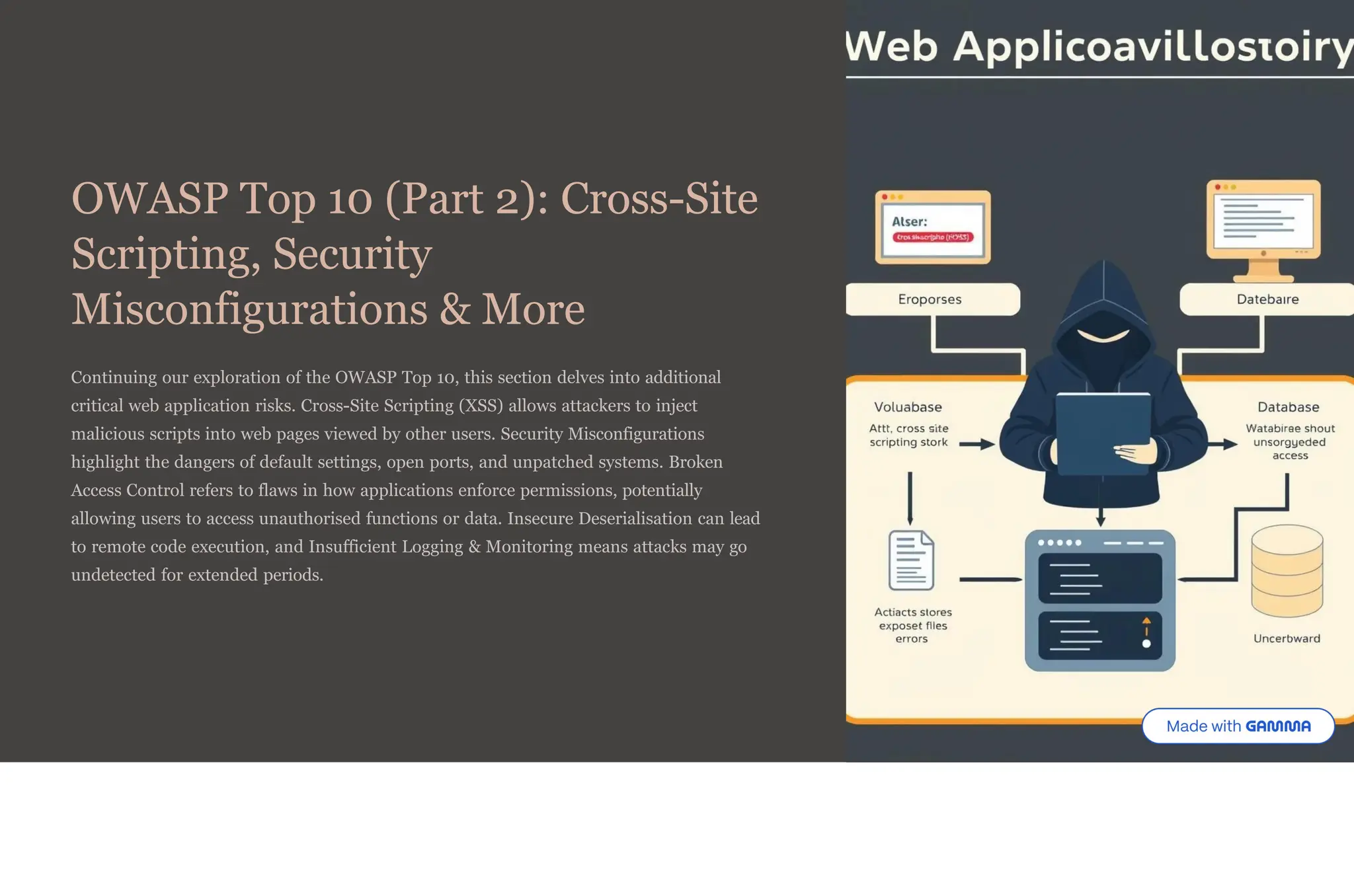 OWASP Top 10 (Part 2): Cross-Site
Scripting, Security
Misconfigurations & More
Continuing our exploration of the OWASP Top 10, this section delves into additional
critical web application risks. Cross-Site Scripting (XSS) allows attackers to inject
malicious scripts into web pages viewed by other users. Security Misconfigurations
highlight the dangers of default settings, open ports, and unpatched systems. Broken
Access Control refers to flaws in how applications enforce permissions, potentially
allowing users to access unauthorised functions or data. Insecure Deserialisation can lead
to remote code execution, and Insufficient Logging & Monitoring means attacks may go
undetected for extended periods.
 