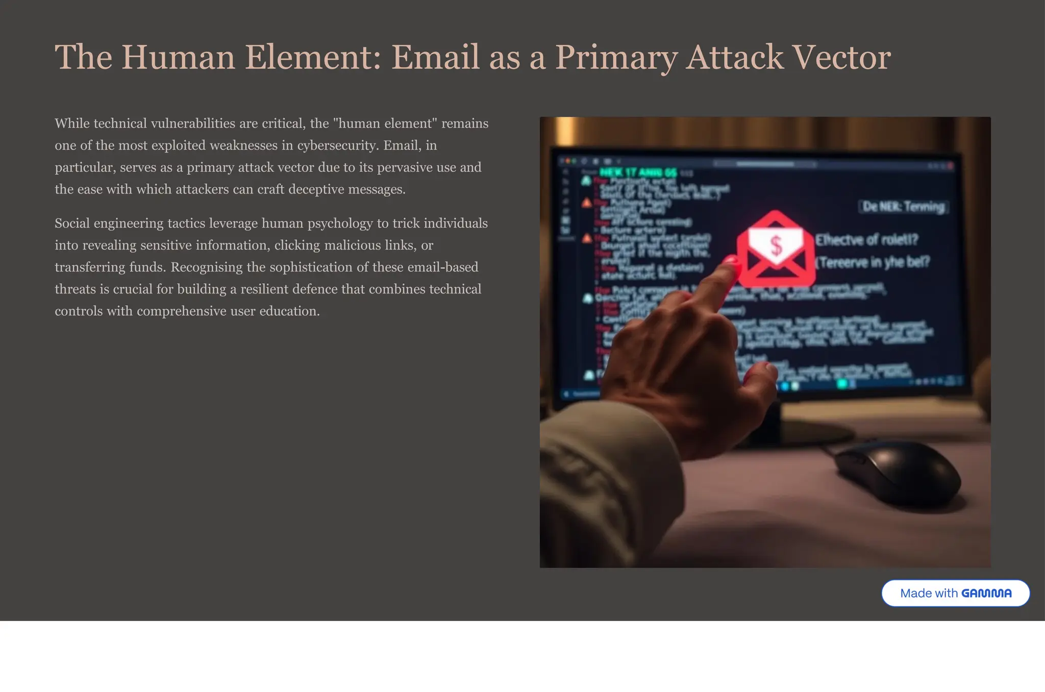 The Human Element: Email as a Primary Attack Vector
While technical vulnerabilities are critical, the "human element" remains
one of the most exploited weaknesses in cybersecurity. Email, in
particular, serves as a primary attack vector due to its pervasive use and
the ease with which attackers can craft deceptive messages.
Social engineering tactics leverage human psychology to trick individuals
into revealing sensitive information, clicking malicious links, or
transferring funds. Recognising the sophistication of these email-based
threats is crucial for building a resilient defence that combines technical
controls with comprehensive user education.
 