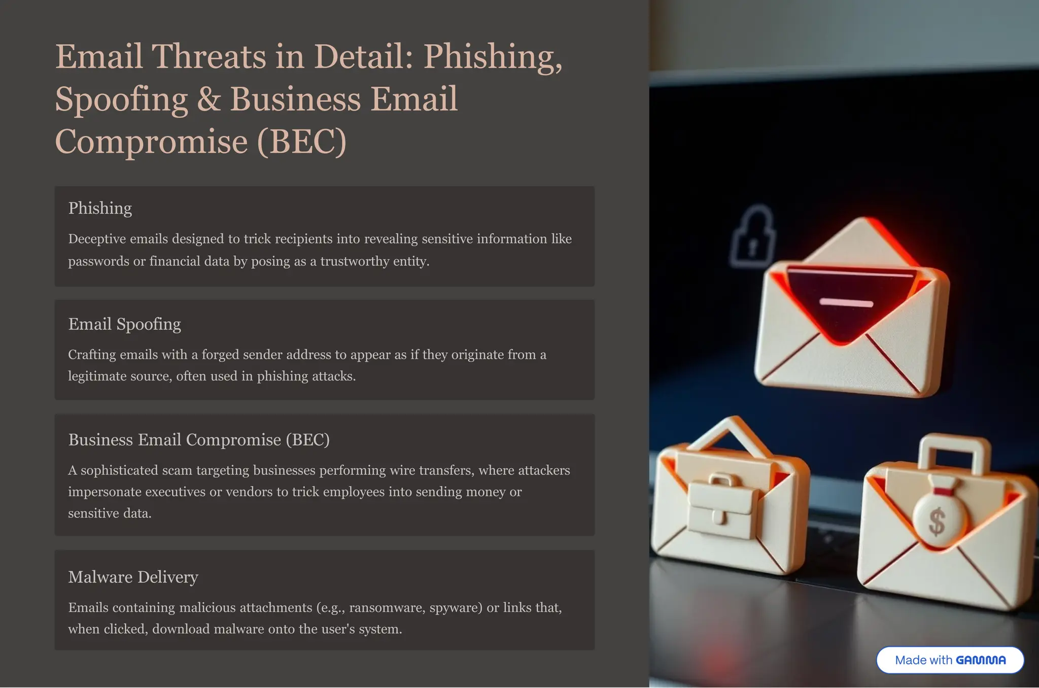 Email Threats in Detail: Phishing,
Spoofing & Business Email
Compromise (BEC)
Phishing
Deceptive emails designed to trick recipients into revealing sensitive information like
passwords or financial data by posing as a trustworthy entity.
Email Spoofing
Crafting emails with a forged sender address to appear as if they originate from a
legitimate source, often used in phishing attacks.
Business Email Compromise (BEC)
A sophisticated scam targeting businesses performing wire transfers, where attackers
impersonate executives or vendors to trick employees into sending money or
sensitive data.
Malware Delivery
Emails containing malicious attachments (e.g., ransomware, spyware) or links that,
when clicked, download malware onto the user's system.
 
