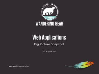 This is a main
                          Webstatement
                             Applications
                          Big Picture Snapshotmore
                              We add some
                              explanation here
                               23 August 2011




www.wanderingbear.co.uk
 