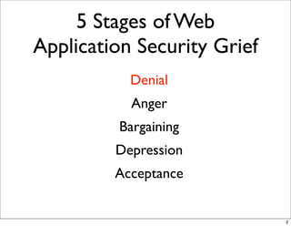 5 Stages of Web
Application Security Grief
           Denial
           Anger
         Bargaining
         Depression
         Acceptance


                             2
 
