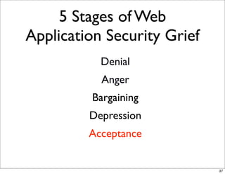 5 Stages of Web
Application Security Grief
           Denial
           Anger
         Bargaining
         Depression
         Acceptance


                             37
 