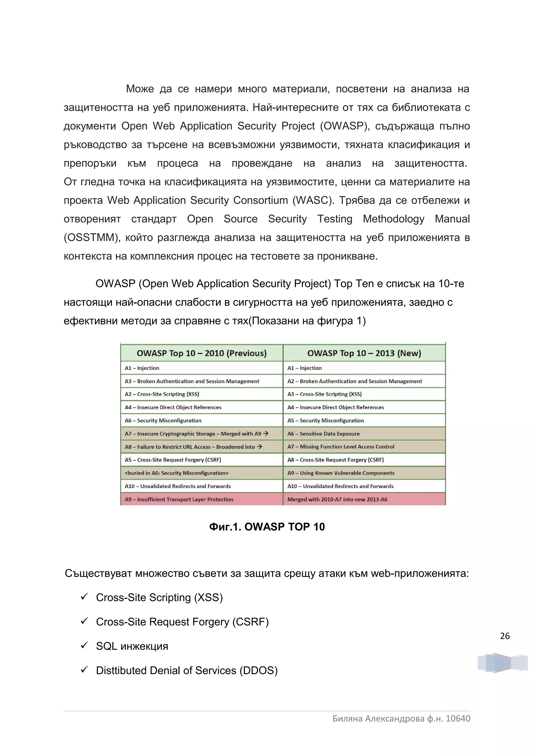 Може да се намери много материали, посветени на анализа на
защитеността на уеб приложенията. Най-интересните от тях са библиотеката с
документи Open Web Application Security Project (OWASP), съдържаща пълно
ръководство за търсене на всевъзможни уязвимости, тяхната класификация и
препоръки към     процеса   на провеждане     на   анализ на защитеността.
От гледна точка на класификацията на уязвимостите, ценни са материалите на
проекта Web Application Security Consortium (WASC). Трябва да се отбележи и
отвореният стандарт Open Source Security Testing Methodology Manual
(OSSTMM), който разглежда анализа на защитеността на уеб приложенията в
контекста на комплексния процес на тестовете за проникване.

      OWASP (Open Web Application Security Project) Top Ten е списък на 10-те
настоящи най-опасни слабости в сигурността на уеб приложенията, заедно с
ефективни методи за справяне с тях(Показани на фигура 1)




                            Фиг.1. OWASP TOP 10



Съществуват множество съвети за защита срещу атаки към web-приложенията:

    Cross-Site Scripting (XSS)

    Cross-Site Request Forgery (CSRF)
                                                                                     26
    SQL инжекция

    Disttibuted Denial of Services (DDOS)



                                                    Биляна Александрова ф.н. 10640
 