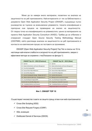 Може да се намери много материали, посветени на анализа на
защитеността на уеб приложенията. Най-интересните от тях са библиотеката с
документи Open Web Application Security Project (OWASP), съдържаща пълно
ръководство за търсене на всевъзможни уязвимости, тяхната класификация и
препоръки към     процеса   на провеждане     на   анализ на защитеността.
От гледна точка на класификацията на уязвимостите, ценни са материалите на
проекта Web Application Security Consortium (WASC). Трябва да се отбележи и
отвореният стандарт Open Source Security Testing Methodology Manual
(OSSTMM), който разглежда анализа на защитеността на уеб приложенията в
контекста на комплексния процес на тестовете за проникване.

      OWASP (Open Web Application Security Project) Top Ten е списък на 10-те
настоящи най-опасни слабости в сигурността на уеб приложенията, заедно с
ефективни методи за справяне с тях(Показани на фигура 1)




                            Фиг.1. OWASP TOP 10



Съществуват множество съвети за защита срещу атаки към web-приложенията:

    Cross-Site Scripting (XSS)

    Cross-Site Request Forgery (CSRF)
                                                                                     26
    SQL инжекция

    Disttibuted Denial of Services (DDOS)



                                                    Биляна Александрова ф.н. 10640
 