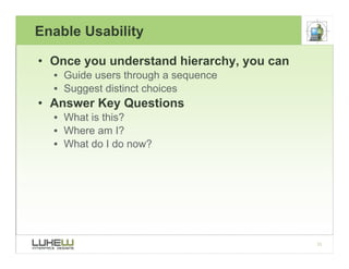 Enable Usability

• Once you understand hierarchy, you can
  • Guide users through a sequence
  • Suggest distinct choices...