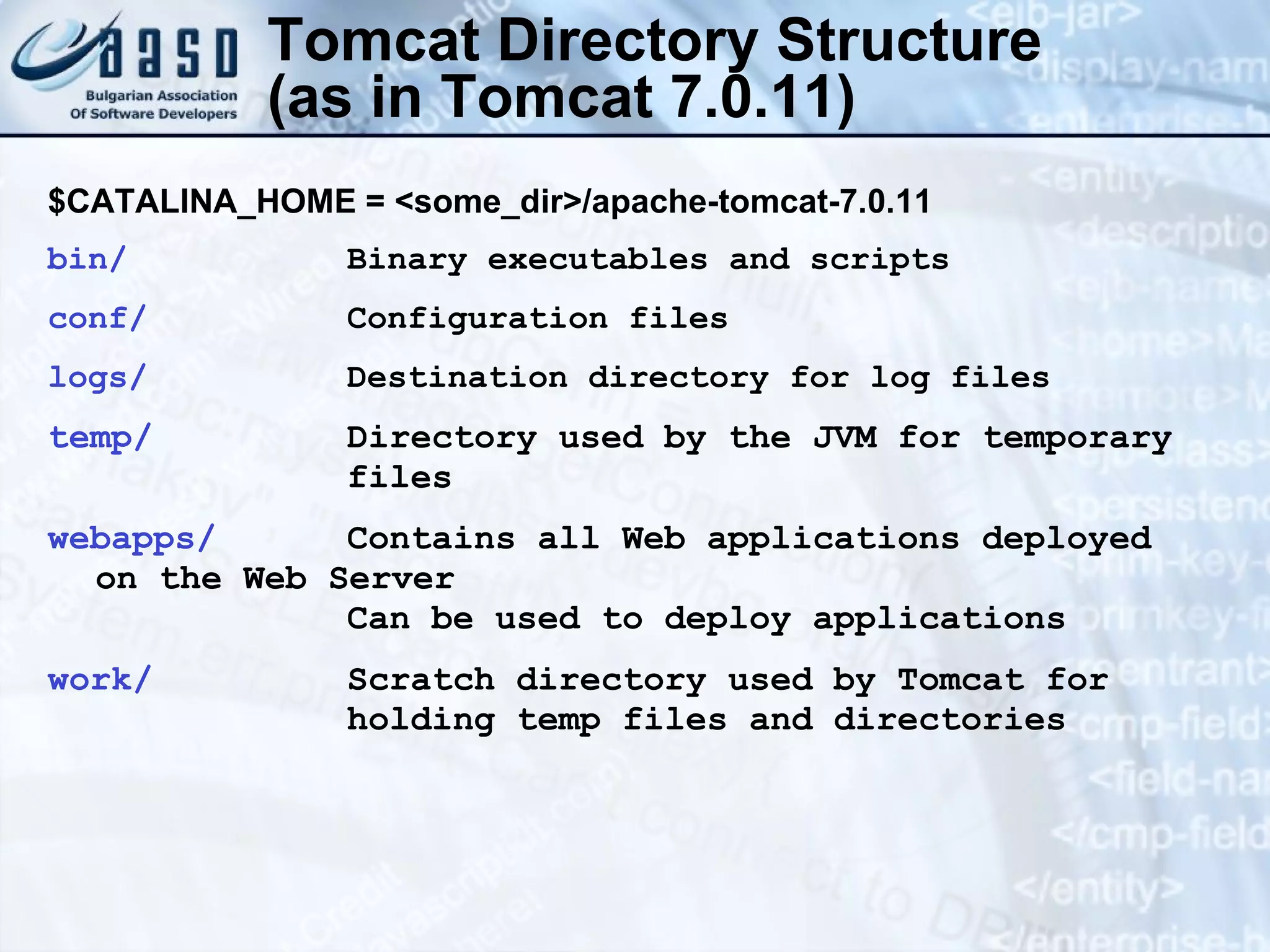 Tomcat Directory Structure  (as in Tomcat 7.0.11) $CATALINA_HOME = <some_dir>/apache-tomcat- 7 . 0 . 1 1 bin/ Binary executables and scripts conf/ Configuration files logs/ Destination directory for log files temp/ Directory used by the JVM for temporary files webapps / Contains all Web applications deployed  on the Web Server Can be used to deploy applications work/ Scratch directory used by Tomcat for holding temp files and directories 