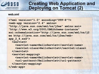 Creating Web Application and Deploying on Tomcat (2) <?xml version=&quot;1.0&quot; encoding=&quot;UTF-8&quot;?> <web-app version=&quot;2.4&quot; xmlns=   &quot;http://java.sun.com/xml/ns/j2ee&quot; xmlns:xsi=   &quot;http://www.w3.org/2001/XMLSchema-instance&quot; xsi:schemaLocation=&quot;http://java.sun.com/xml/ns/j2ee http://java.sun.com/xml/ns/j2ee/web-app_2_4.xsd&quot;> <servlet> <servlet-name> Hello Servlet</servlet-name> <servlet-class> Hello Servlet</servlet-class> </servlet> <servlet-mapping> <servlet-name> Hello Servlet</servlet-name> <url-pattern>/ Hello Servlet</url-pattern> </servlet-mapping> </web-app> web.xml 