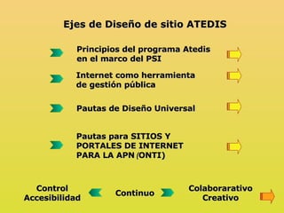 Ejes de Diseño de sitio ATEDIS Principios del programa Atedis en el marco del PSI Pautas de Diseño Universal  Pautas para  SITIOS Y PORTALES DE INTERNET PARA LA APN   ( ONTI)  Control Accesibilidad Colaborarativo Creativo Continuo Internet como herramienta de gestión pública 
