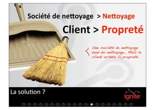 Société de neEoyage  > NeEoyage 
                Client > Propreté  
                        Une société de nettoyage
                        vend du nettoyage… Mais le
                        client achète la propreté.!




La solu+on ? 
 