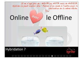 Il ne s’agit pas de : « OU » ou « ET » mais de « AVEC ».!
    Hybride ca peut vouloir dire : Passer d’un mode à l’autre pour la
                                        réalisation de la même tâche.!




  Online           le Oﬄine 



Hybrida+on ? 
 