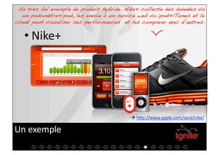 Un très bel exemple de produit hybride. Nike+ collecte des données via
   un podomètre+ipod, les envoie à un service web via ipod+iTunes et le
client peut visualiser ses performances et les comparer avec d’autres.!

   • Nike+ 




                                            hap://www.apple.com/ipod/nike/  

Un exemple 
 