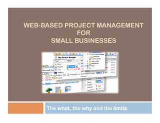 WEB-BASED PROJECT MANAGEMENT
             FOR
      SMALL BUSINESSES




     The what, the why and the limits.
 