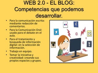 WEB 2.0 - EL BLOG:
Competencias que podemos
desarrollar.
• Para la comunicación escrita:
mediante redacción de
comentarios.
• Para la Comunicación Oral:
usado para el debate en el
aula.
• Para el tratamiento y
búsqueda de información
digital: en la selección de
información.
• Trabajo en equipo.
• Tomar la iniciativa y
creatividad: creando sus
propios espacios y grupos.

 