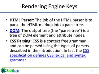 Rendering Engine Keys
• HTML Parser: The job of the HTML parser is to
parse the HTML markup into a parse tree.
• DOM: The ...