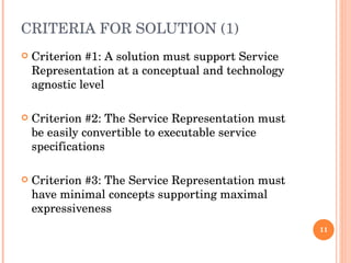 CRITERIA FOR SOLUTION (1) Criterion #1: A solution must support Service Representation at a conceptual and technology agnostic level Criterion #2: The Service Representation must be easily convertible to executable service specifications Criterion #3: The Service Representation must have minimal concepts supporting maximal expressiveness 