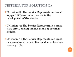 CRITERIA FOR SOLUTION (2) Criterion #4: The Service Representation must support different roles involved in the development of the service Criterion #5: The Service Representation must have strong underpinnings in the application domain Criterion #6: The Service Representation must be open-standards compliant and must leverage existing tools 