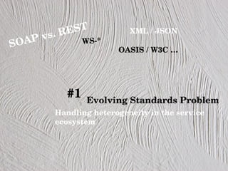 Handling heterogeneity in the service ecosystem SOAP vs. REST WS-* XML / JSON OASIS / W3C … Evolving Standards Problem #1 