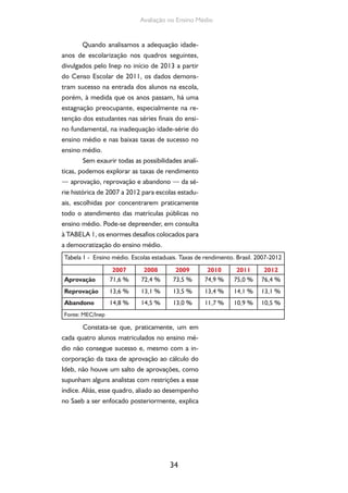 34
Avaliação no Ensino Médio
Quando analisamos a adequação idade-
anos de escolarização nos quadros seguintes,
divulgados pelo Inep no início de 2013 a partir
do Censo Escolar de 2011, os dados demons-
tram sucesso na entrada dos alunos na escola,
porém, à medida que os anos passam, há uma
estagnação preocupante, especialmente na re-
tenção dos estudantes nas séries finais do ensi-
no fundamental, na inadequação idade-série do
ensino médio e nas baixas taxas de sucesso no
ensino médio.
Sem exaurir todas as possibilidades analí-
ticas, podemos explorar as taxas de rendimento
— aprovação, reprovação e abandono — da sé-
rie histórica de 2007 a 2012 para escolas estadu-
ais, escolhidas por concentrarem praticamente
todo o atendimento das matrículas públicas no
ensino médio. Pode-se depreender, em consulta
à TABELA 1, os enormes desafios colocados para
a democratização do ensino médio.
Tabela 1 - Ensino médio. Escolas estaduais. Taxas de rendimento. Brasil. 2007-2012
2007 2008 2009 2010 2011 2012
Aprovação 71,6 % 72,4 % 73,5 % 74,9 % 75,0 % 76,4 %
Reprovação 13,6 % 13,1 % 13,5 % 13,4 % 14,1 % 13,1 %
Abandono 14,8 % 14,5 % 13,0 % 11,7 % 10,9 % 10,5 %
Fonte: MEC/Inep
Constata-se que, praticamente, um em
cada quatro alunos matriculados no ensino mé-
dio não consegue sucesso e, mesmo com a in-
corporação da taxa de aprovação ao cálculo do
Ideb, não houve um salto de aprovações, como
supunham alguns analistas com restrições a esse
índice. Aliás, esse quadro, aliado ao desempenho
no Saeb a ser enfocado posteriormente, explica
 