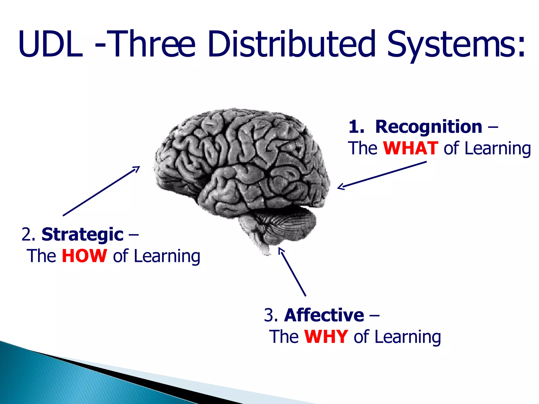 UDL -Three Distributed Systems: 2.  Strategic  – The  HOW  of Learning Recognition  –  The  WHAT  of Learning 3.  Affective  – The  WHY  of Learning 