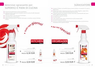 detersivo sgrassante per                                                                                                                                                                        SGRASSATORE
     SUPERFICI E PIANI DI CUCINA                                                                                        rimuove a fondo e con facilità il grasso anche vecchio, incrostazioni e lo sporco
                                                                                                                        appiccicoso
                                                                                                                        indicato per pulire e sgrassare piani di cucina, lavabi, friggitrici, cappe, forni,
     rimuove accuratamente lo sporco quotidiano                                                                         spiedi, piani cottura e altri elettrodomestici da cucina
     ideale per pulire e sgrassare armadietti, piani di cucina, fornelli, davanzali,                                    contiene sostanze che rendono l’acqua meno dura, aumentando allo stesso
     ringhiere e piastrelle                                                                                             tempo l’efficacia del detersivo
     non lascia aloni e non necessita il risciacquo                                                                     non graffia le superfici trattate
     universale, poco schiumogeno                                                                                       non lascia aloni
     adatto anche per pulire le superfici verniciate, in ceramica, acciaio, laminato                                    usato regolarmente, aiuta a mantenere la cucina sempre pulita
     e pietra
                                                                                                                        ad azione rapida ed intensa
                                                                                                                        lascia un incantevole aroma di fiori freschi di arancio e dona una lucentezza

                                                                               g i o r n o!
                                                                                                                        straordinaria alle superfici trattate

                                                                        ni
                                                                 og
                                                      o                                                                Pe r c a s i
                                                                                                                                                 sp
                                                                                                                                                       ec
                                                    l
                                                Usa


                                                                                                                                                                  ial
                                                                                                                                                                               i                                                                          47




                                                                             KITCHEN                                   DEgREASER
                                                                                                        cleaner                                    extra power



                                                             kitchen cleaner      C20                                                                        degreaser extra power C37
                                           (spruzzatore venduto separatamente) 8,40 EUR/1L                                                         (spruzzatore venduto separatamente) 9,33 EUR/1L


                                                CONFEZIONE : 750ml                                                                               CONFEZIONE : 750ml
                                         PREZZO:          6,30 EUR                                                                               PREZZO:        7,00 EUR

                                                                  spruzzatore    C30                                                                                     spruzzatore      C30


                                          PREZZO:          0,50 EUR                          PREZZO TOTALE: 6,80 EUR   PREZZO TOTALE: 7,50 EUR
                                                                                                                                                 PREZZO:        0,50 EUR
48             www.fmgroup.co.it                                                                                                                                               I prodotti FM GROUP for home sono prodotti originali di FM GROUP World.   49
 