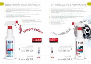 detersivo per la pulizia delle FUGHE                                                                                       gel ANTICALCARE E ANTIRUGGINE
      indicato per la pulizia di fughe tra le piastrelle da muro e pavimento in gres                                           indicato per la pulizia delle superfici quali vasche da bagno, lavabi, water,
      porcellanato, marmo, ceramica, terracotta e mosaico.                                                                     rubinetti, doccia, nonché pavimenti e piastrelle
      rimuove in modo efficace e veloce lo sporco, comprese le incrostazioni formate                                           grazie alla sua formula unica, il gel rimuove in modo veloce ed efficace i
      da acqua dura                                                                                                            depositi di calcare, sapone, ruggine e altri tipi di sporco presenti sulle superfici
      indicato per la pulizia delle fughe bianche e colorate                                                                   di impianti sanitari
      crea sulla superficie un film autopulente di nanomolecole che protegge le                                                la consistenza di un gel delicato gli permette di resistere anche sulle
      fughe dallo sporco e le impermeabilizza                                                                                  superfici smussate, quali per esempio quelle del water
      usato regolarmente, previene il depositarsi dello sporco                                                                 lo strato di gel copre la superficie interessata, lasciando agire i tensioattivi
      ad azione antistatica                                                                                                    usato regolarmente, previene il depositarsi dello sporco
                                                in grado di rimuovere perfino il grasso                                        non danneggia la superficie trattata
                                                ravviva i colori delle fughe                                                   evitare l’uso sulle superfici in marmo,
                                                non colora e non aggredisce il materiale                                       pietra e sulle superfici porose
                                                di riempimento                                                                 lucida delicatamente
                                                al piacevole aroma di limone                                                   lascia sulla superficie un delicato
                                                                                                                               aroma di fiori d’arancio
                                 fughe


                                                          mpre pulite
                                                        se                                                                                                                      ac




                                                                                                                                                                                      ia
                                                                                                                                      Fo r
                                                                                                                                                 za ed         ef          f ic
                                                                                           gROUT                        !     LImESCALE
                                                                                                                              & RUST
                                                                                                               cleaner               remover gel


                                                                   grout cleaner     C38                                                                    limescale & rust remover gel         C25
                                             (spruzzatore venduto separatamente) 5,86 EUR/1L                                                              (spruzzatore venduto separatamente) 6,53 EUR/1L


                                                   CONFEZIONE : 750ml                                                                                   CONFEZIONE : 750ml
                                          PREZZO:             4,40 EUR                                                                                  PREZZO:        4,90 EUR

                                                                     spruzzatore     C30                                                                                        spruzzatore      C30


                                          PREZZO:             0,50 EUR                              PREZZO TOTALE: 4,90 EUR   PREZZO TOTALE: 5,40 EUR
                                                                                                                                                        PREZZO:        0,50 EUR
54           www.fmgroup.co.it        Produkty Fm gROUP for home są oryginalnymi produktami Fm gROUP world                                                                            I prodotti FM GROUP for home sono prodotti originali di FM GROUP World.   55
 