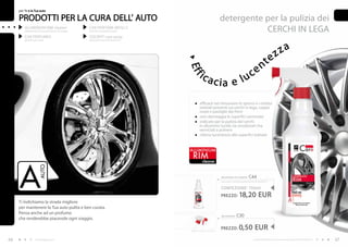 per Te e la Tua auto

     PRODOTTI PER LA CURA DELL’ AUTO                                                                                     detergente per la pulizia dei
         ALUMINIUM RIM cleaner
         (detergente per la pulizia dei cerchi in lega)
                                                          CAR PERFUME REFILLS
                                                          (ricariche per profumi auto)                                              CERCHI IN LEGA
         CAR PERFUMES                                     COCKPIT care spray
         (profumi per auto)                               (spray per la cura dei cruscotti)




                                                                                                                                                                                   z za
                                                                                                                                                                   n te
                                                                                                                                                    ce




                                                                                              Ef f
                                                                                                     ica                                          u
                                                                                                                   cia e l
                                                                                                      efficace nel rimuovere lo sporco e i residui
                                                                                                      ostinati presenti sui cerchi in lega, coppe
                                                                                                      ruote e pastiglie dei freni
                                                                                                      non danneggia le superfici verniciate
                                                                                                      indicato per la pulizia dei cerchi
                                                                                                      in alluminio lucido sia anodizzati che
                                                                                                      verniciati a polvere
                                                                                                      ridona lucentezza alle superfici trattate


                                                                                              ALUmIN IUm
                                                                                               RIm
                                                                                                        cleaner
                       AUTO




                                                                                                                         aluminium rim cleaner       C44
                                                                                                                         (spruzzatore venduto separatamente) 24,26 EUR/1L


                                                                                                                         CONFEZIONE : 750ml
                                                                                                                         PREZZO:           18,20 EUR
     Ti indichiamo la strada migliore
     per mantenere la Tua auto pulita e ben curata.
     Pensa anche ad un profumo
                                                                                                                         spruzzatore    C30
     che renderebbe piacevole ogni viaggio.

                                                                                              PREZZO TOTALE: 18,70 EUR
                                                                                                                         PREZZO:           0,50 EUR
66                  www.fmgroup.co.it                                                                                                                     I prodotti FM GROUP for home sono prodotti originali di FM GROUP World.   67
 