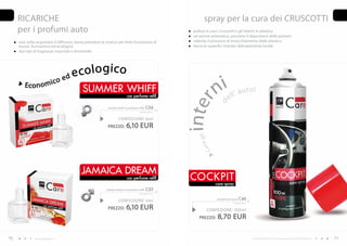 RICARICHE                                                                                                spray per la cura dei CRUSCOTTI
     per i profumi auto                                                                                 pulisce e cura i cruscotti e gli interni in plastica
                                                                                                        ad azione antistatica, previene il depositarsi della polvere
     una volta acquistato il diffusore, basta prendere la ricarica per farlo funzionare di              rallenta il processo di invecchiamento della plastica
     nuovo. Economico ed ecologico                                                                      lascia le superfici trattate delicatamente lucide
     due tipi di fragranze: maschile e femminile




                                        e co l o g i co
        Eco n o mi c
                                   o ed
                                            SUmmER wHIFF
                                                                            car perfume refill
                                                                                                                     n i        ll ’ a
                                                                                                                                       u         to !
                                                                                                                              e




                                                                                                       inter
                                                                                                                       d
                                                           summer whiff car perfume refill    C54
                                                                                      1016,66 EUR/1L


                                                                    CONFEZIONE : 6ml
                                                            PREZZO:        6,10 EUR




                                                                                                          g li ra
                                                                                                            Cu
                                           jAmAICA DREAm
                                                                            car perfume refill          COCKPIT
                                                                                                                     care spray
                                                           jamaica dream car perfume refill   C53
                                                                                      1016,66 EUR/1L

                                                                                                                      cockpit care spray C46
                                                                    CONFEZIONE : 6ml                                              29,00 EUR/1L

                                                            PREZZO:        6,10 EUR                              CONFEZIONE : 300ml
                                                                                                           PREZZO:    8,70 EUR

70             www.fmgroup.co.it                                                                                                                   I prodotti FM GROUP for home sono prodotti originali di FM GROUP World.   71
 
