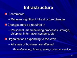Infrastructure E-commerce Requires significant infrastructure changes Changes may be required in Personnel, manufacturing processes, storage, shipping, information systems, etc. Organizations expanding to the Web  All areas of business are affected Manufacturing, finance, sales, customer service  