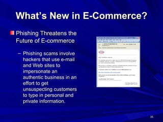 What’s New in E-Commerce? Phishing Threatens the Future of E-commerce   Phishing scams involve hackers that use e-mail and Web sites to impersonate an authentic business in an effort to get unsuspecting customers to type in personal and private information. 