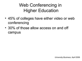 Web Conferencing in  Higher Education 45% of colleges have either video or web conferencing 30% of those allow access on and off campus University   Business , April 2006 