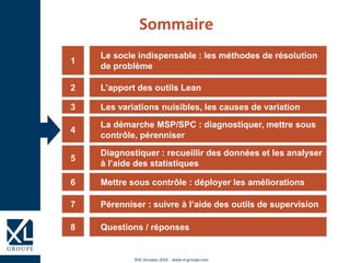 ©XL Groupes 2016 - www.xl-groupe.com
Le socle indispensable : les méthodes de résolution
de problème
1
L’apport des outils Lean2
Les variations nuisibles, les causes de variation3
La démarche MSP/SPC : diagnostiquer, mettre sous
contrôle, pérenniser
4
Diagnostiquer : recueillir des données et les analyser
à l’aide des statistiques
5
Mettre sous contrôle : déployer les améliorations6
Sommaire
Questions / réponses8
Pérenniser : suivre à l’aide des outils de supervision7
 