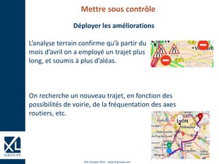 ©XL Groupes 2016 - www.xl-groupe.com
Mettre sous contrôle
Déployer les améliorations
L’analyse terrain confirme qu’à partir du
mois d’avril on a employé un trajet plus
long, et soumis à plus d’aléas.
On recherche un nouveau trajet, en fonction des
possibilités de voirie, de la fréquentation des axes
routiers, etc.
 