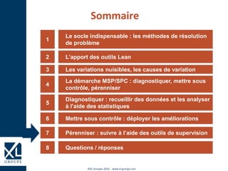 ©XL Groupes 2016 - www.xl-groupe.com
Le socle indispensable : les méthodes de résolution
de problème
1
L’apport des outils Lean2
Les variations nuisibles, les causes de variation3
La démarche MSP/SPC : diagnostiquer, mettre sous
contrôle, pérenniser
4
Diagnostiquer : recueillir des données et les analyser
à l’aide des statistiques
5
Mettre sous contrôle : déployer les améliorations6
Sommaire
Questions / réponses8
Pérenniser : suivre à l’aide des outils de supervision7
 