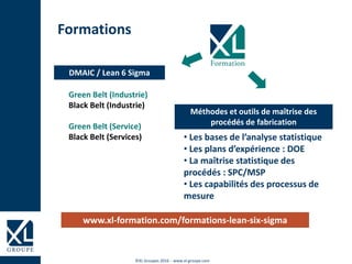 ©XL Groupes 2016 - www.xl-groupe.com
Formations
DMAIC / Lean 6 Sigma
Méthodes et outils de maîtrise des
procédés de fabrication
Green Belt (Industrie)
Black Belt (Industrie)
Green Belt (Service)
Black Belt (Services) • Les bases de l’analyse statistique
• Les plans d’expérience : DOE
• La maîtrise statistique des
procédés : SPC/MSP
• Les capabilités des processus de
mesure
www.xl-formation.com/formations-lean-six-sigma
 
