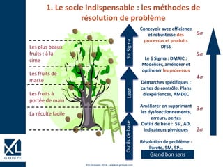 ©XL Groupes 2016 - www.xl-groupe.com
1. Le socle indispensable : les méthodes de
résolution de problème
2
3
4
5
6
Les plus beaux
fruits : à la
cime
Les fruits de
masse
Les fruits à
portée de main
La récolte facile
Concevoir avec efficience
et robustesse des
processus et produits
DFSS
Le 6 Sigma : DMAIC :
Modéliser, améliorer et
optimiser les processus
Démarches spécifiques :
cartes de contrôle, Plans
d’expériences, AMDEC
Améliorer en supprimant
les dysfonctionnements,
erreurs, pertes
Outils de base : 5S , AD,
indicateurs physiques
Résolution de problème :
Pareto, 5M, 5P…
LeanOutilsdebaseSixSigma
Grand bon sens
 