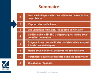 ©XL Groupes 2016 - www.xl-groupe.com
Le socle indispensable : les méthodes de résolution
de problème
1
L’apport des outils Lean2
Les variations nuisibles, les causes de variation3
La démarche MSP/SPC : diagnostiquer, mettre sous
contrôle, pérenniser
4
Diagnostiquer : recueillir des données et les analyser
à l’aide des statistiques
5
Mettre sous contrôle : déployer les améliorations6
Sommaire
Questions / réponses8
Pérenniser : suivre à l’aide des outils de supervision7
 