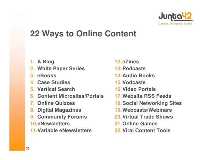 22 Ways to Online Content


     1. A Blog                       12. eZines
     2. White Paper Series           13. Podca...