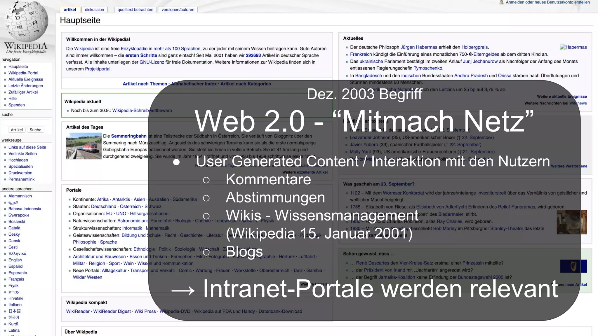 Dez. 2003 Begriff
Web 2.0 - “Mitmach Netz”
● User Generated Content / Interaktion mit den Nutzern
○ Kommentare
○ Abstimmungen
○ Wikis - Wissensmanagement
(Wikipedia 15. Januar 2001)
○ Blogs
→ Intranet-Portale werden relevant
 