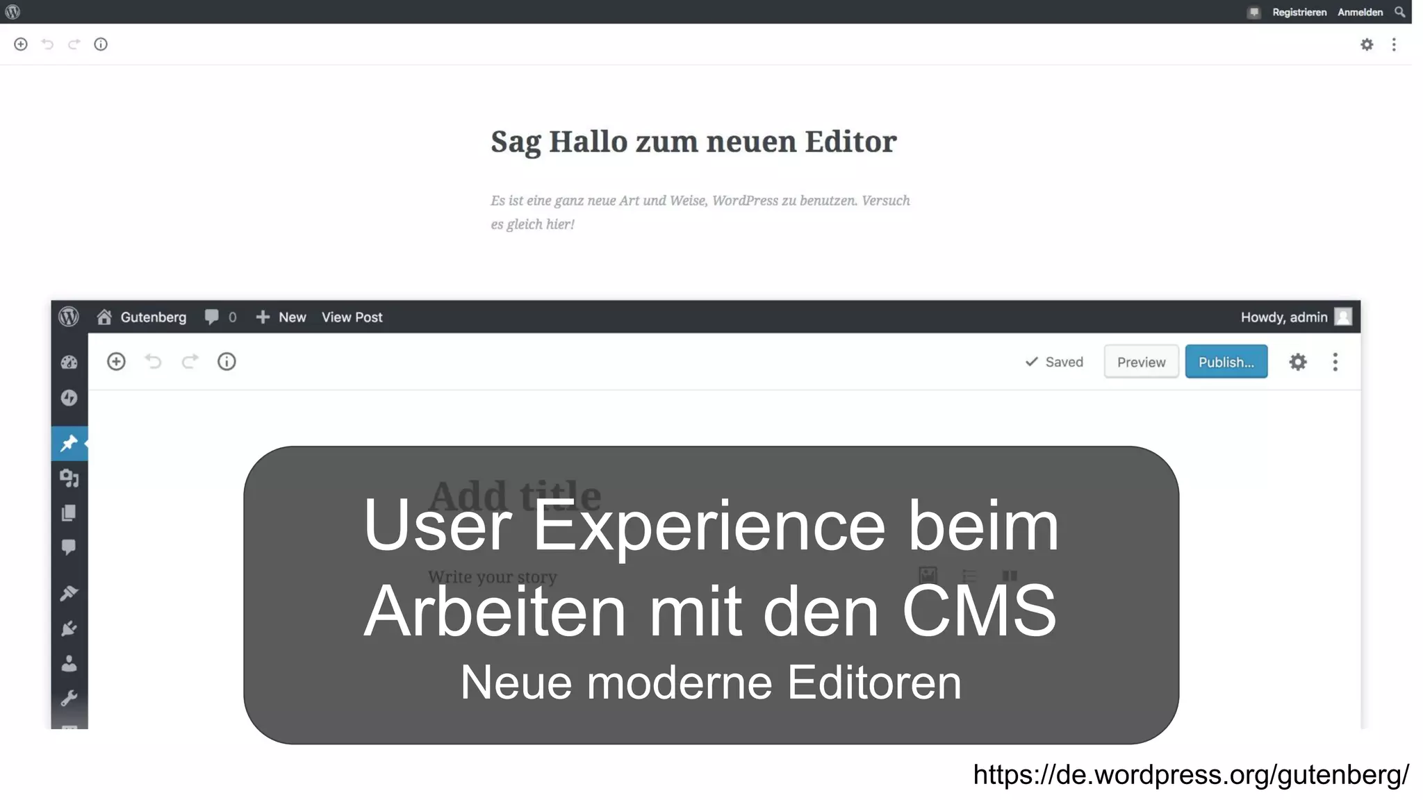 https://de.wordpress.org/gutenberg/
User Experience beim
Arbeiten mit den CMS
Neue moderne Editoren
 