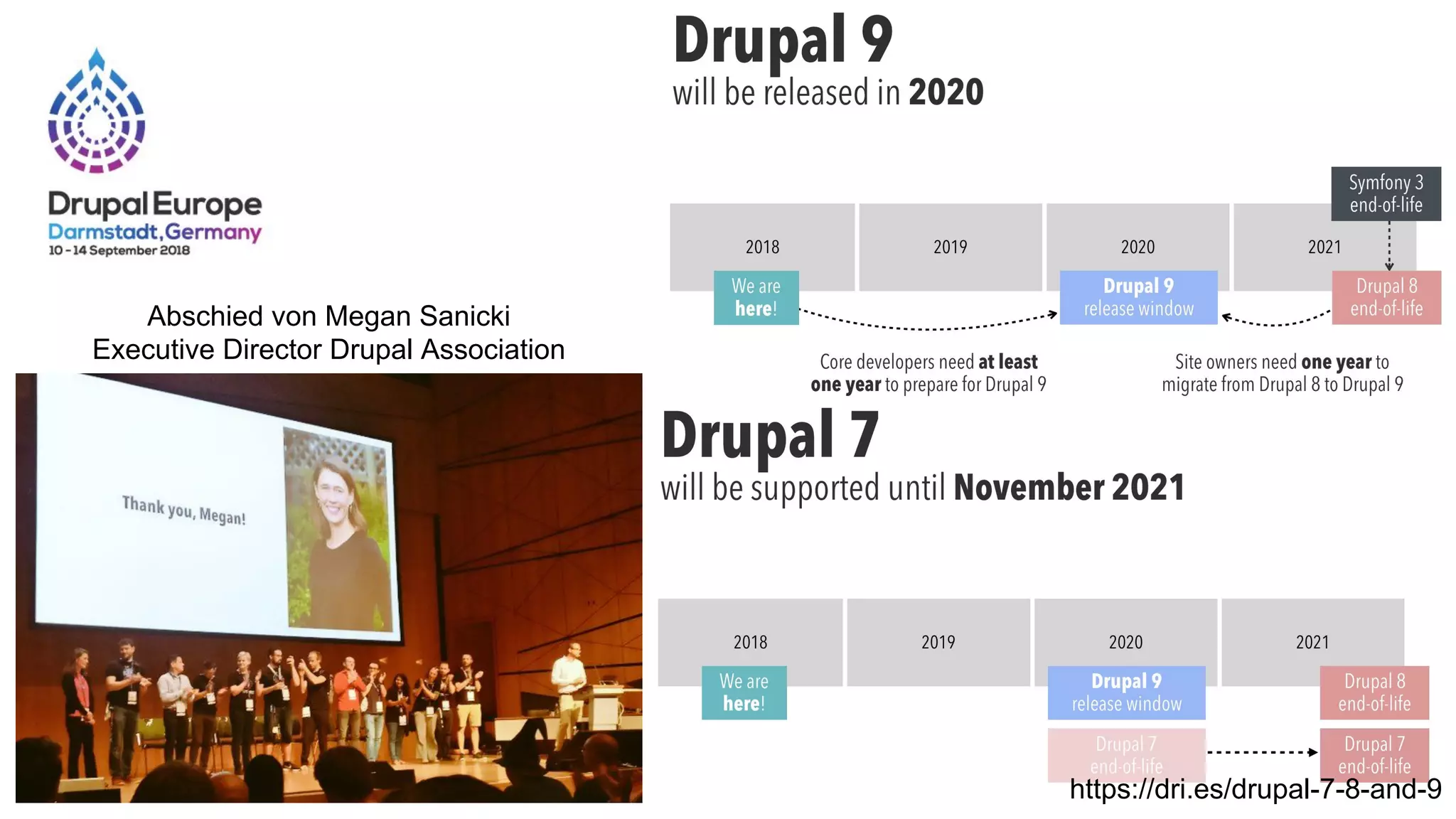 Drupal Release Shedule
https://dri.es/drupal-7-8-and-9
Abschied von Megan Sanicki
Executive Director Drupal Association
 