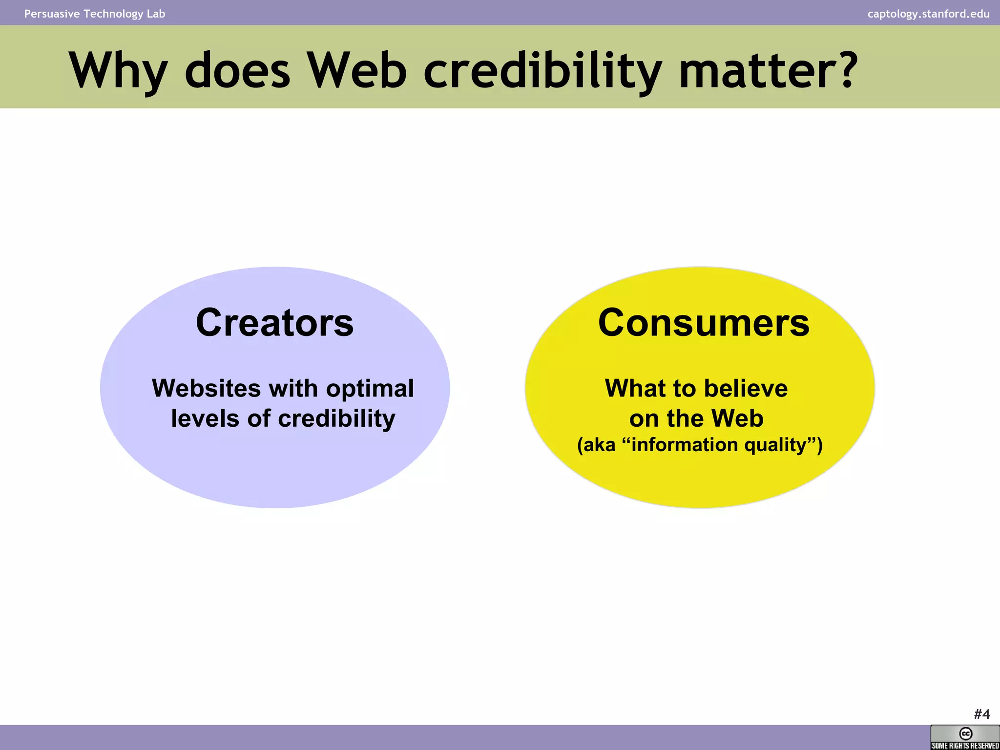 Why does Web credibility matter? Websites with optimal levels of credibility Creators What to believe  on the Web  (aka “information quality”) Consumers 