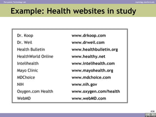 Example: Health websites in study <ul><ul><li>Dr. Koop www.drkoop.com </li></ul></ul><ul><ul><li>Dr. Weil www.drweil.com <...