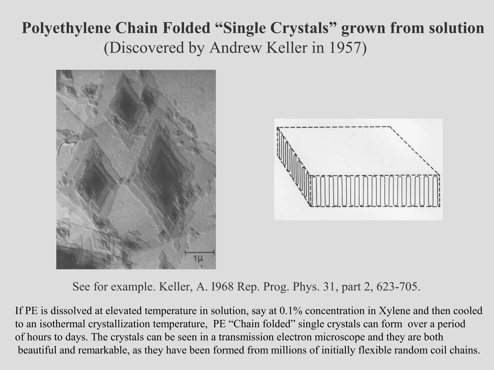 Polyethylene Chain Folded “Single Crystals” grown from solution
(Discovered by Andrew Keller in 1957)
See for example. Keller, A. I968 Rep. Prog. Phys. 31, part 2, 623-705.
If PE is dissolved at elevated temperature in solution, say at 0.1% concentration in Xylene and then cooled
to an isothermal crystallization temperature, PE “Chain folded” single crystals can form over a period
of hours to days. The crystals can be seen in a transmission electron microscope and they are both
beautiful and remarkable, as they have been formed from millions of initially flexible random coil chains.
 