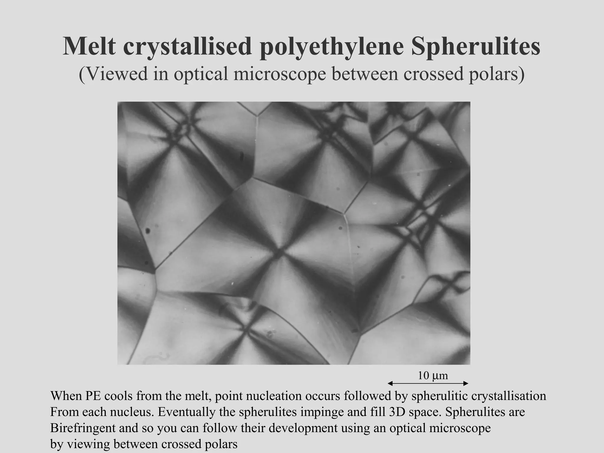 Melt crystallised polyethylene Spherulites
(Viewed in optical microscope between crossed polars)
10 µm
When PE cools from the melt, point nucleation occurs followed by spherulitic crystallisation
From each nucleus. Eventually the spherulites impinge and fill 3D space. Spherulites are
Birefringent and so you can follow their development using an optical microscope
by viewing between crossed polars
 