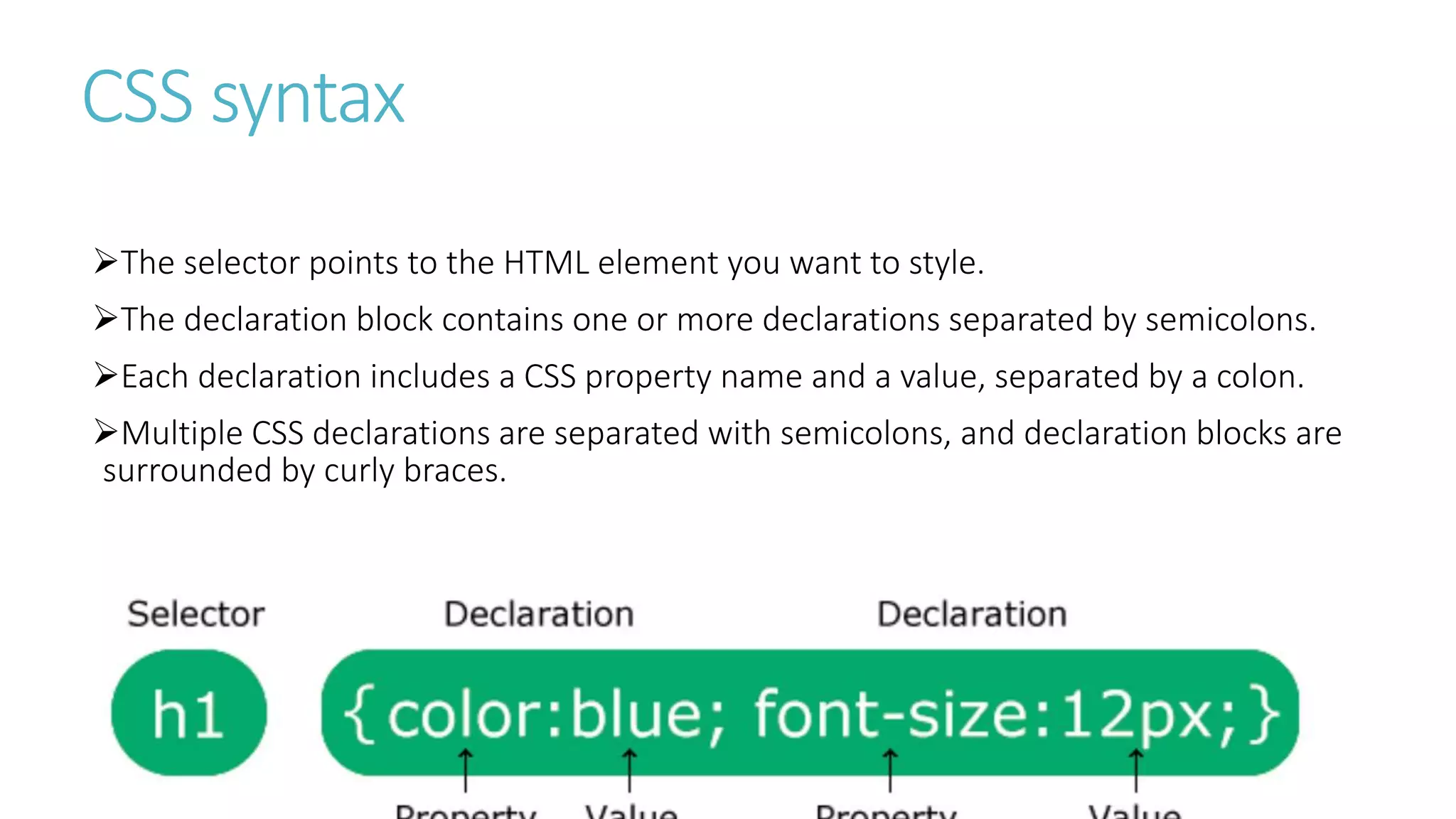 CSS syntax
The selector points to the HTML element you want to style.
The declaration block contains one or more declarations separated by semicolons.
Each declaration includes a CSS property name and a value, separated by a colon.
Multiple CSS declarations are separated with semicolons, and declaration blocks are
surrounded by curly braces.
 
