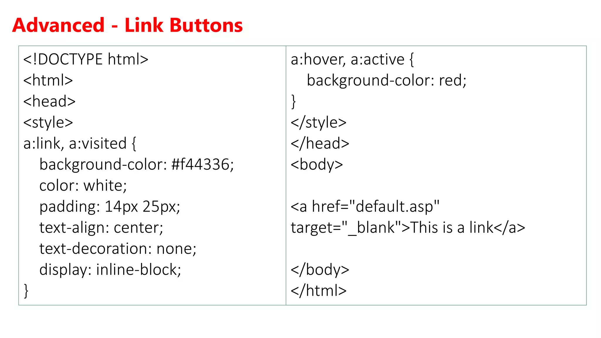 Advanced - Link Buttons
<!DOCTYPE html>
<html>
<head>
<style>
a:link, a:visited {
background-color: #f44336;
color: white;
padding: 14px 25px;
text-align: center;
text-decoration: none;
display: inline-block;
}
a:hover, a:active {
background-color: red;
}
</style>
</head>
<body>
<a href="default.asp"
target="_blank">This is a link</a>
</body>
</html>
 