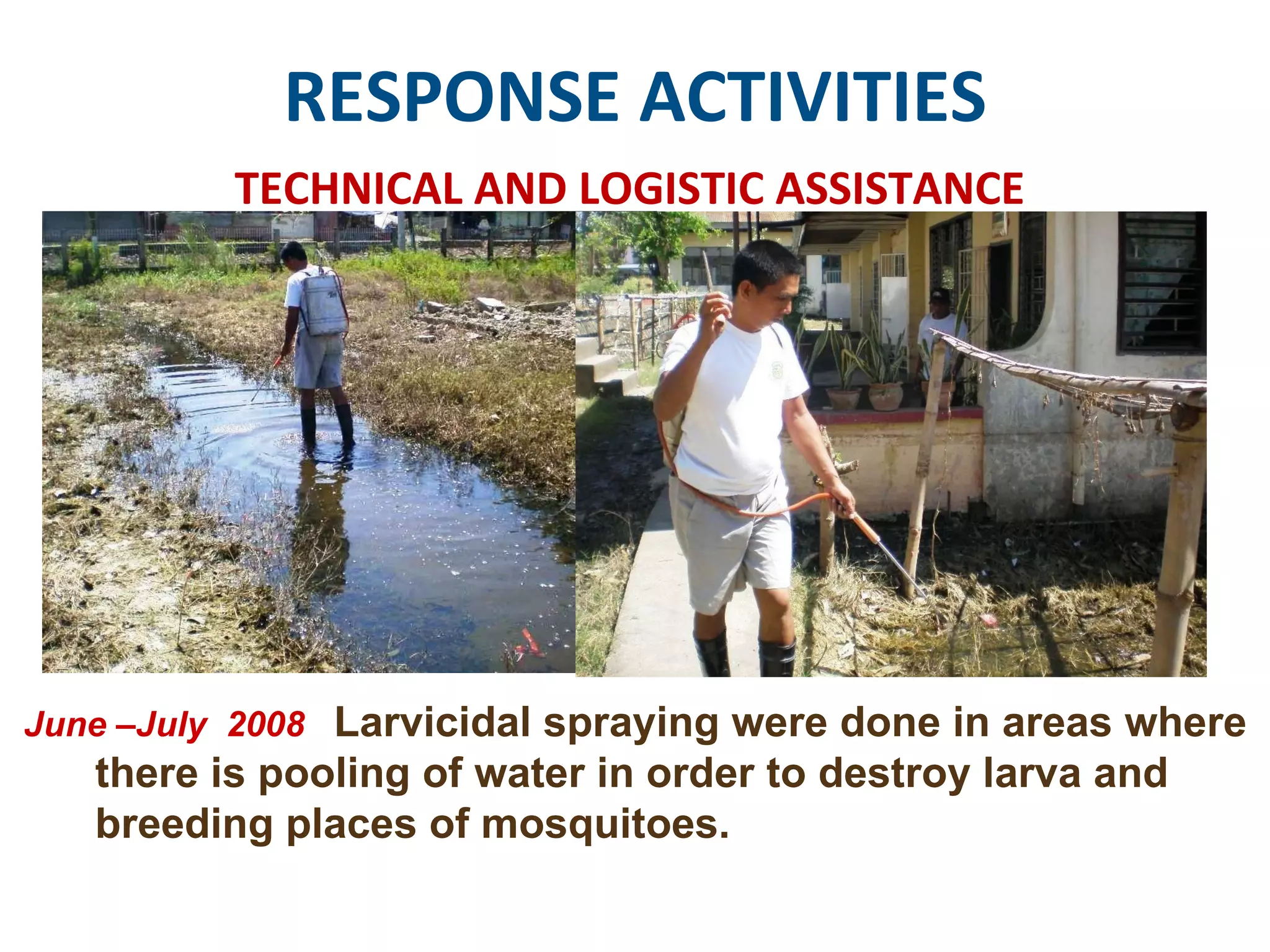 RESPONSE ACTIVITIES TECHNICAL AND LOGISTIC ASSISTANCE June –July  2008  Larvicidal spraying were done in areas where there is pooling of water in order to destroy larva and breeding places of mosquitoes.  