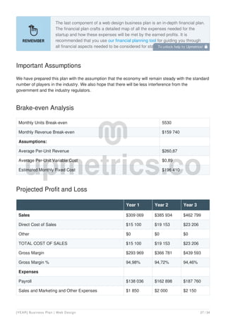 The last component of a web design business plan is an in-depth financial plan.
The financial plan crafts a detailed map of all the expenses needed for the
startup and how these expenses will be met by the earned profits. It is
recommended that you use our financial planning tool for guiding you through
all financial aspects needed to be considered for starting a web design
business plan.
Important Assumptions
We have prepared this plan with the assumption that the economy will remain steady with the standard
number of players in the industry. We also hope that there will be less interference from the
government and the industry regulators.
Brake-even Analysis
Monthly Units Break-even 5530
Monthly Revenue Break-even $159 740
Assumptions:
Average Per-Unit Revenue $260,87
Average Per-Unit Variable Cost $0,89
Estimated Monthly Fixed Cost $196 410
Projected Profit and Loss
Year 1 Year 2 Year 3
Sales $309 069 $385 934 $462 799
Direct Cost of Sales $15 100 $19 153 $23 206
Other $0 $0 $0
TOTAL COST OF SALES $15 100 $19 153 $23 206
Gross Margin $293 969 $366 781 $439 593
Gross Margin % 94,98% 94,72% 94,46%
Expenses
Payroll $138 036 $162 898 $187 760
Sales and Marketing and Other Expenses $1 850 $2 000 $2 150
To unlock help try Upmetrics! 
[YEAR] Business Plan | Web Design 27 / 34
 