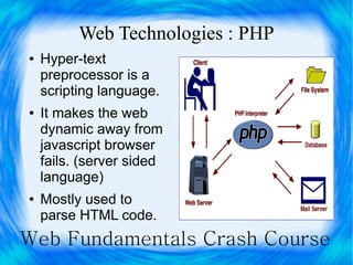 Web Technologies : PHP
●   Hyper-text
    preprocessor is a
    scripting language.
●   It makes the web
    dynamic away from
    javascript browser
    fails. (server sided
    language)
●   Mostly used to
    parse HTML code.
Web Fundamentals Crash Course
 