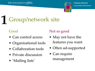 Group/network site Good Can control access Organisational tools Collaboration tools Private discussion ‘ Mailing lists’ Not so good May not have the features you want Often ad-supported Can require management 1 